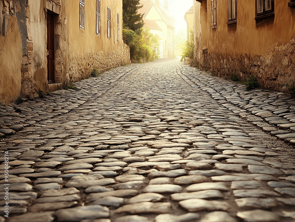 Naklejka premium A cobblestone road in an old European town, quaint and historic, warm tones, isolated on white background