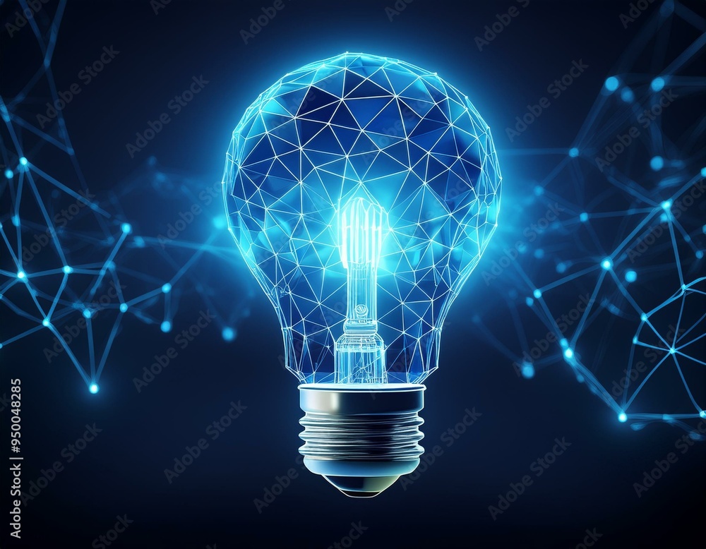 Low poly style design with a glowing blue light bulb. Abstract geometric background with wireframe light connection structure. Isolated modern illustration with a modern 3d graphic concept.