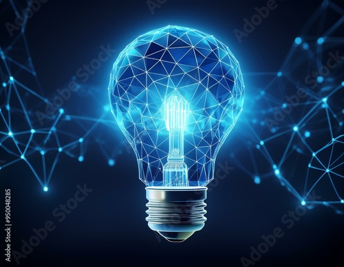 Obraz na płótnie Low poly style design with a glowing blue light bulb. Abstract geometric background with wireframe light connection structure. Isolated modern illustration with a modern 3d graphic concept. w salonie