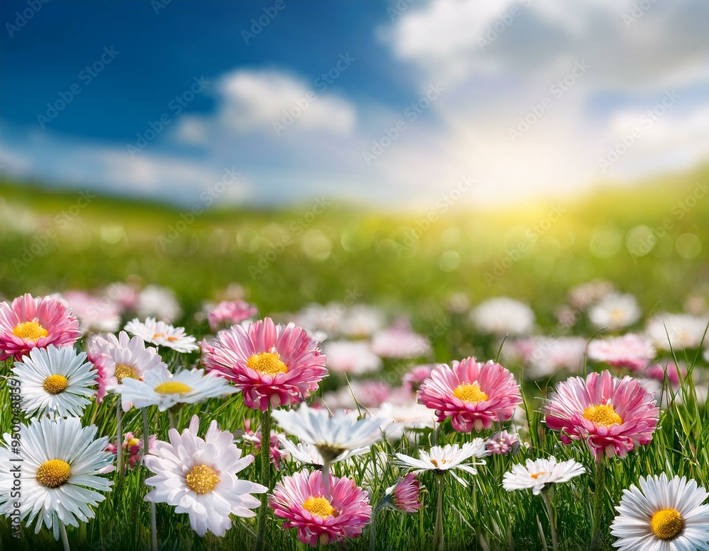 Meadow with lots of white and pink spring daisy flowers in sunny day
