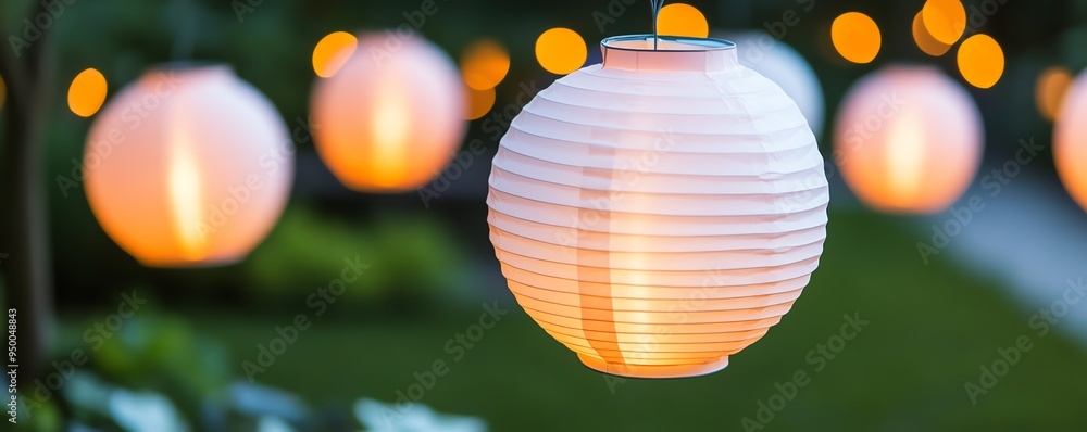 Obraz premium String of white paper lanterns glowing in the evening