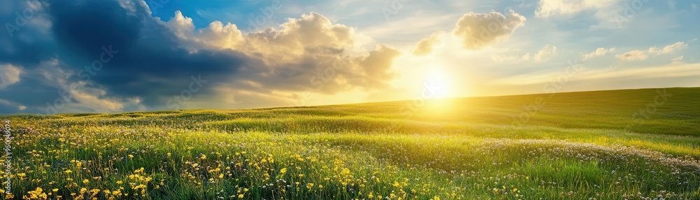 Fototapeta premium Sunshine breaking through the clouds over a blooming meadow, mixed weather, renewal