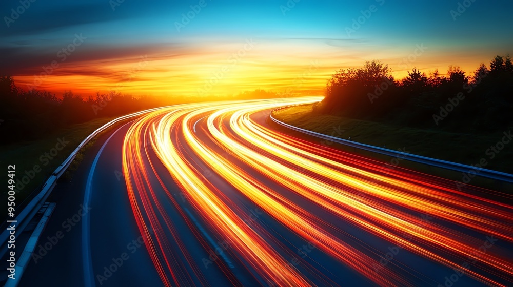Naklejka premium A highway at night with headlights streaking by, dynamic and fastpaced, modern photography style, isolated on white background