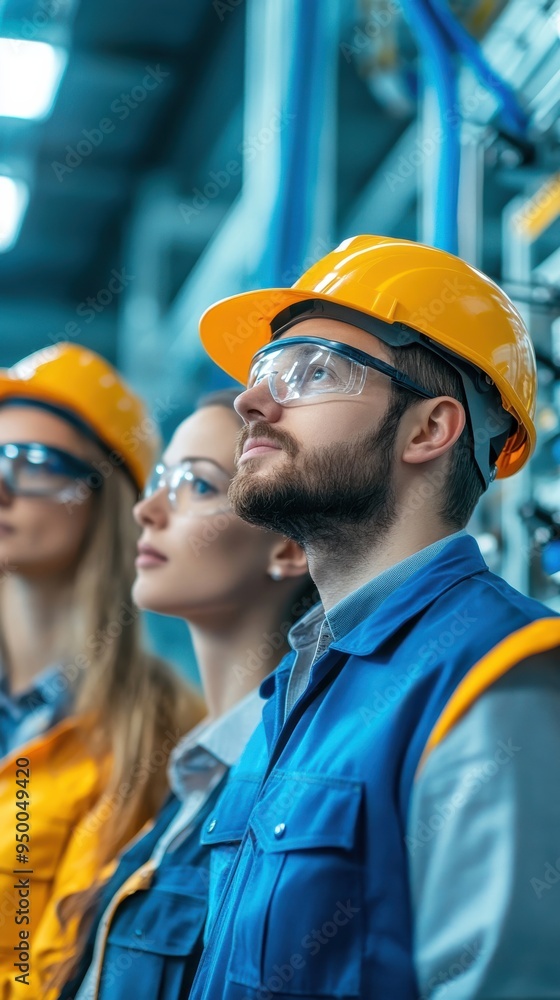 A team of engineers in a high-tech manufacturing facility, inspecting machinery and discussing production processes, with industrial equipment in the background A team of engineers in a high-tech manufacturing facility, inspecting machinery and discussing production processes, with industrial equipment in the background
