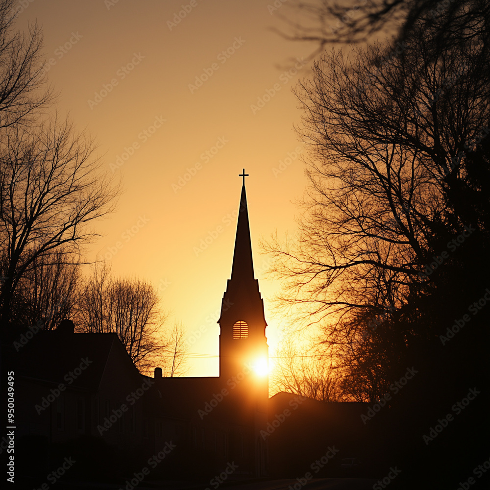 Obraz premium Church Silhouette Against Golden Sunset with Bare Trees