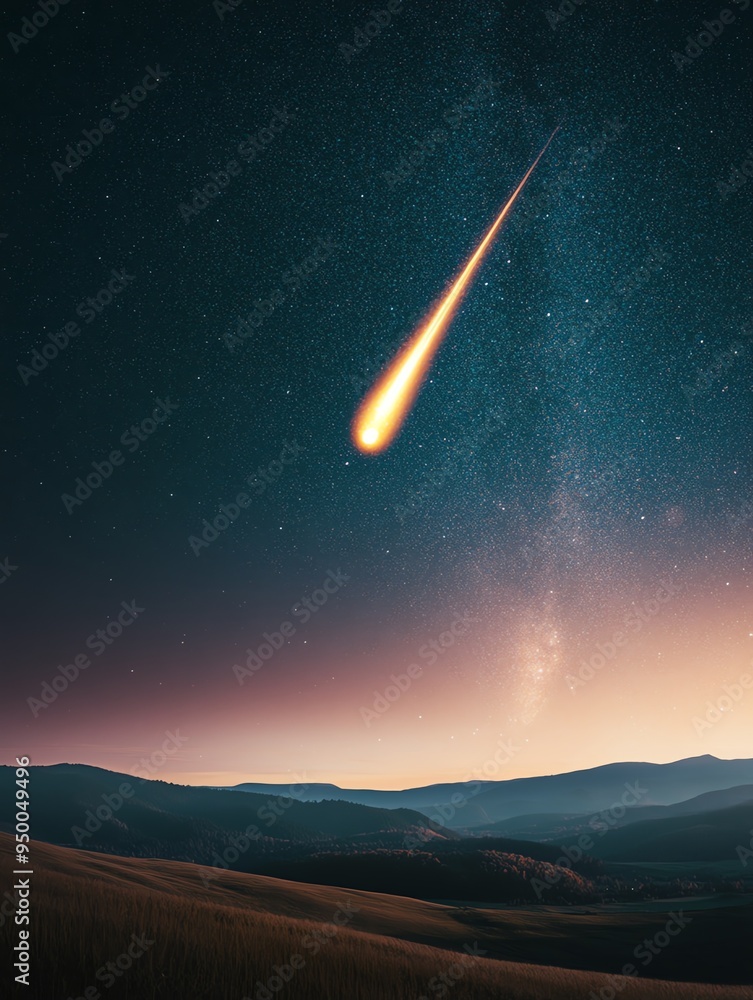 Naklejka premium A glowing meteor streaks across the night sky, illuminating the desert landscape.