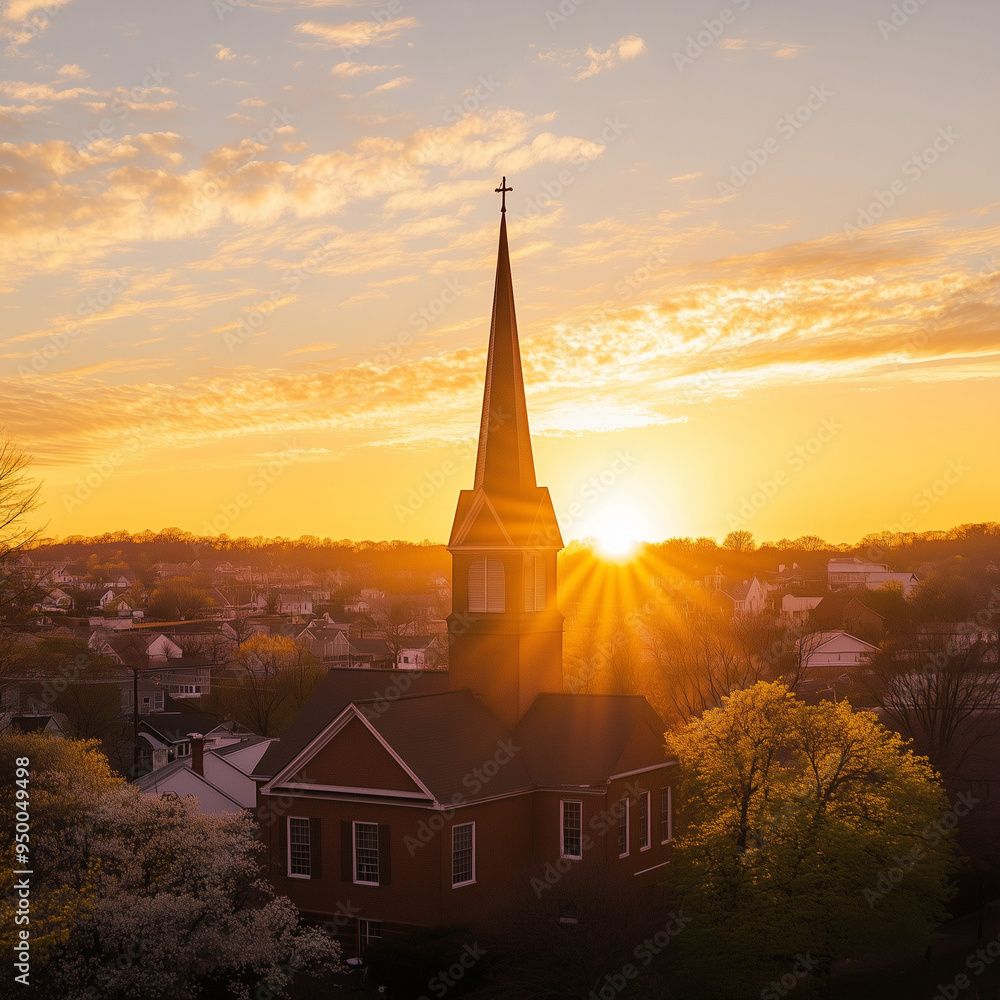 Obraz premium Church Silhouette Against Golden Sunset with Bare Trees