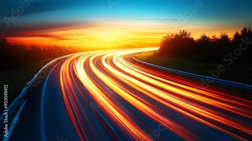 A highway at night with headlights streaking by, dynamic and fastpaced, modern photography style, isolated on white background photo