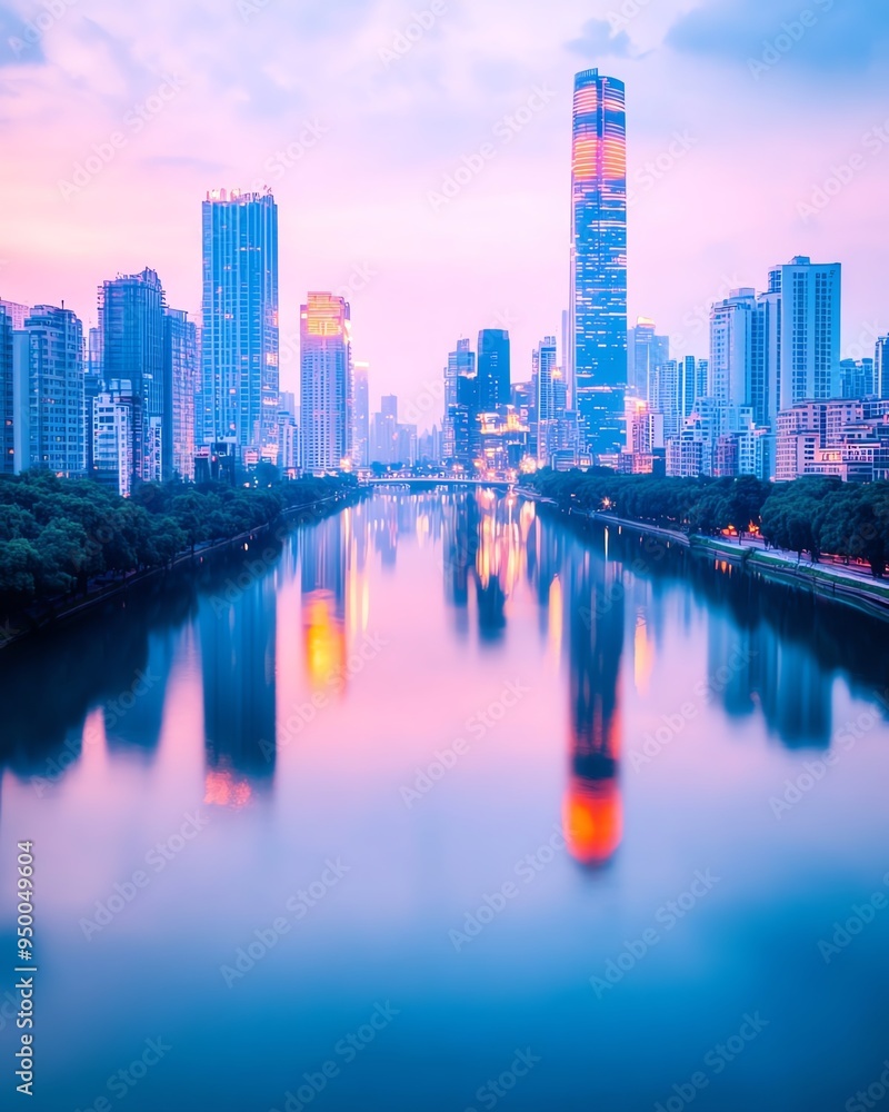 Obraz premium Cityscape with skyscrapers reflecting in a calm river at sunrise.