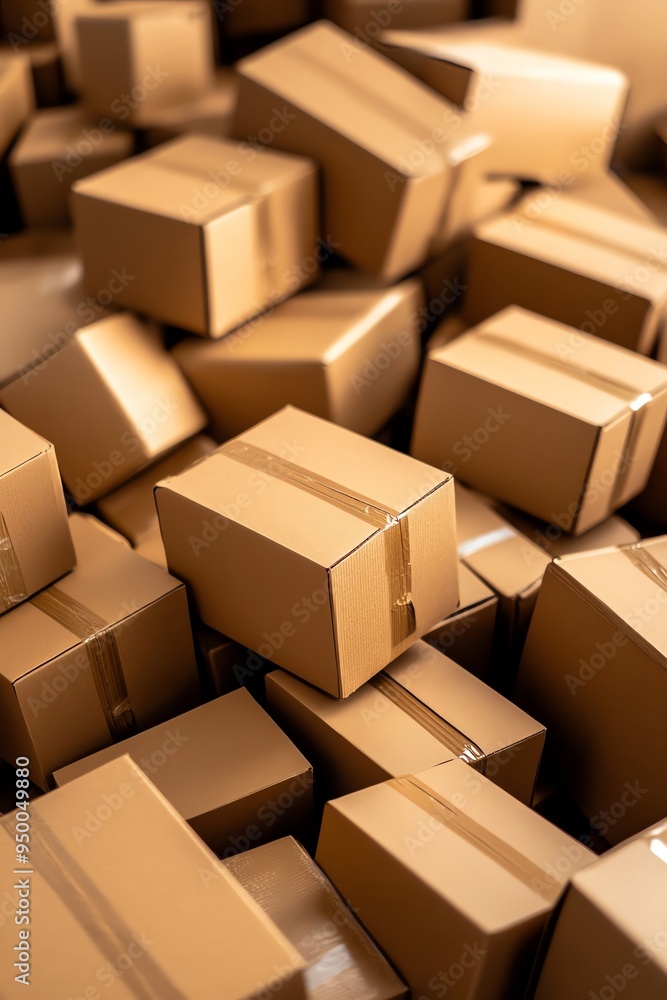 Close-up of numerous cardboard boxes stacked together, showcasing their texture and design for packaging or shipping purposes. Close-up of numerous cardboard boxes stacked together, showcasing their texture and design for packaging or shipping purposes.