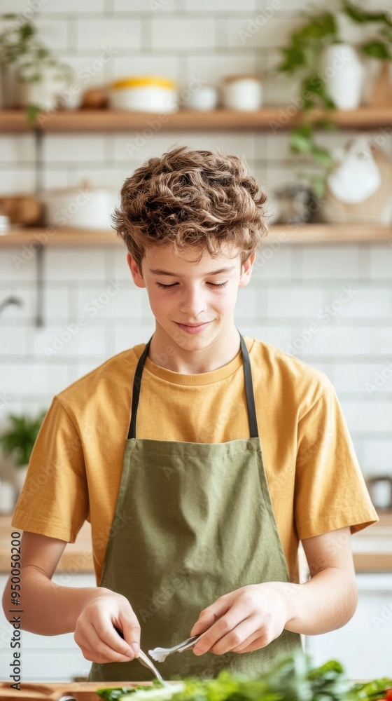 Obraz premium A teenage boy cooking a healthy meal in a cozy kitchen, focusing on the importance of nutrition for both physical and mental health