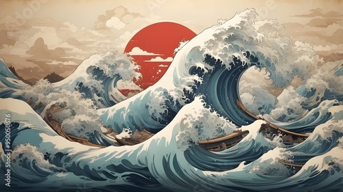 Stunning ocean wave depicted in the Japanese vintage style