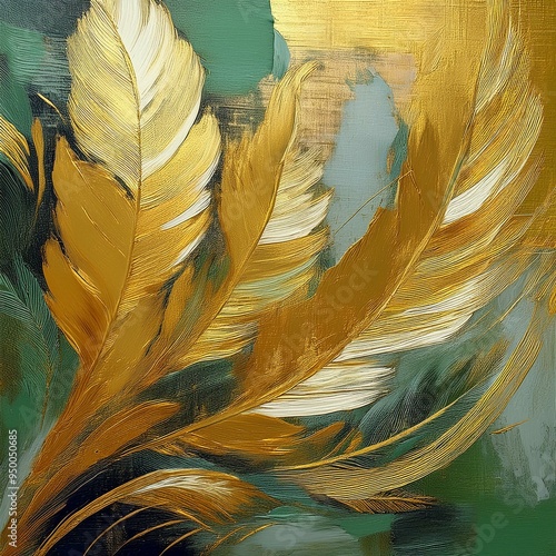Painting background. Golden brush strokes. Textured background. Oil on canvas. Modern Art. Feathers, greens, grays, wallpapers, posters, cards, murals, rugs, hangings, prints.