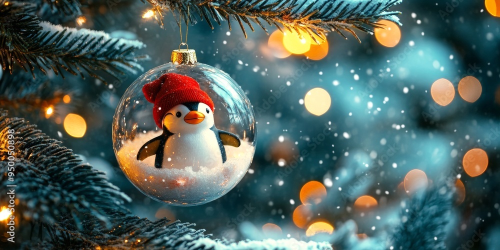 Obraz premium Festive Christmas tree ornament featuring a cheerful penguin red hat inside a glass bauble with a snowy pine tree backdrop, glowing warmly against a blurred, illuminated background.