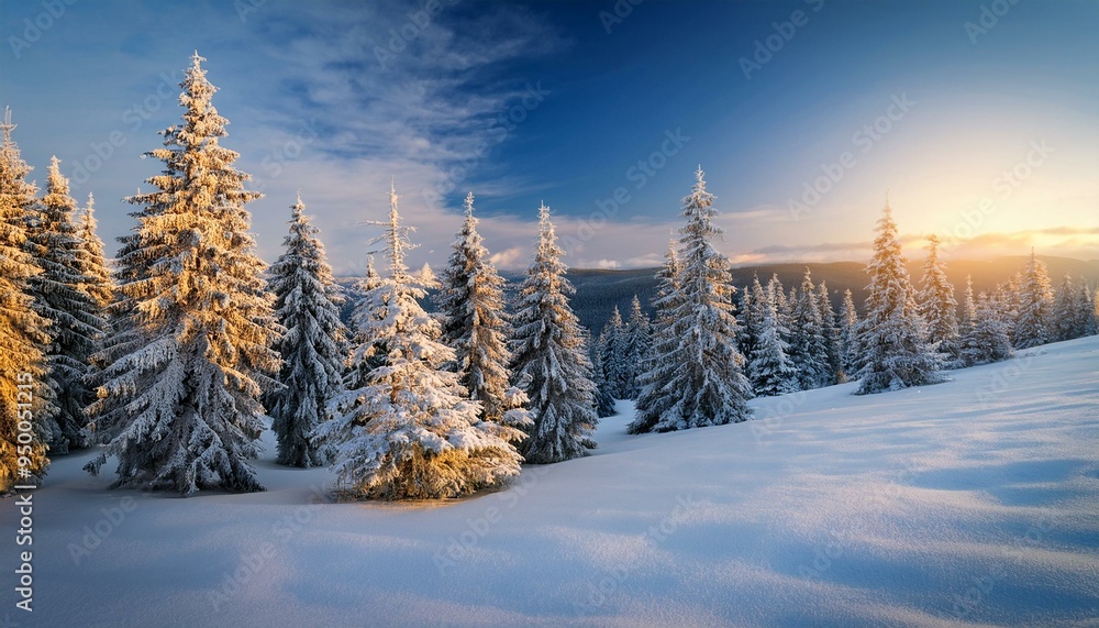 Pine trees covered with snow on frosty evening. Beautiful winter panorama Pine trees covered with snow on frosty evening. Beautiful winter panorama