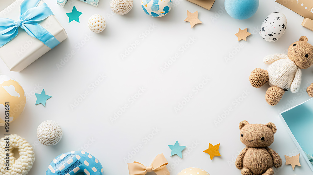 top view of teddy bear and gift box on white background with copy space. New baby birth celebration background.
top view of teddy bear and gift box on white background with copy space. New baby birth celebration background.
