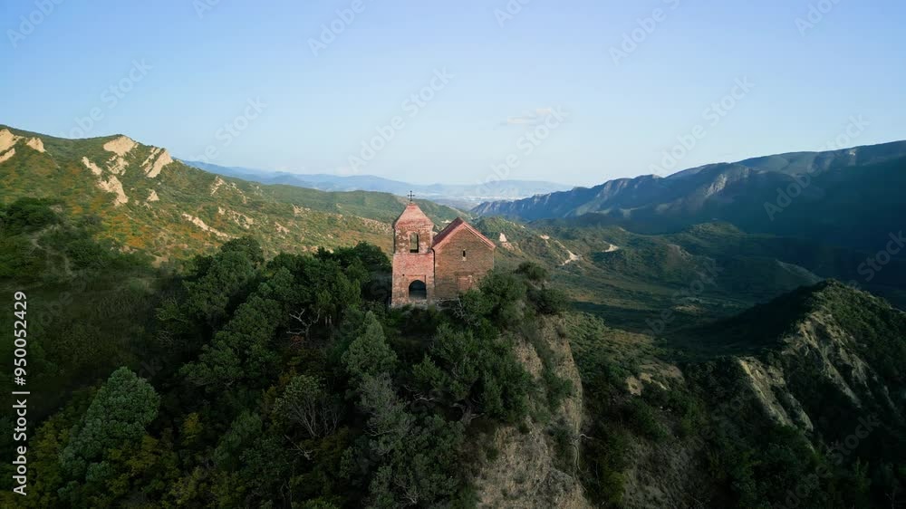 aerial view, there is a small temple on a mountain in the middle of the forest, a copter flies around it in a circle, a warm sunny evening before sunset, mountains aerial view, there is a small temple on a mountain in the middle of the forest, a copter flies around it in a circle, a warm sunny evening before sunset, mountains
