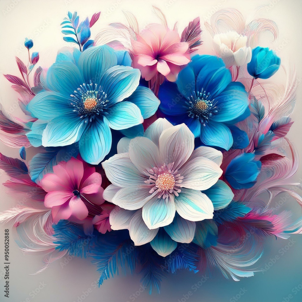 Raster illustration of a beautiful blue flower arrangement with a bouquet in blue and pink tones. 3d background Raster illustration of a beautiful blue flower arrangement with a bouquet in blue and pink tones. 3d background