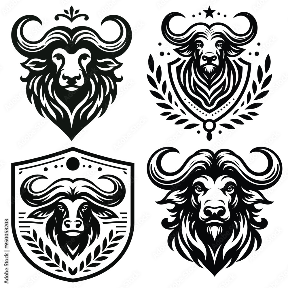 Fototapeta premium Buffalo head emblem vectors, black and white, strong animal symbol, ideal for logos and badges