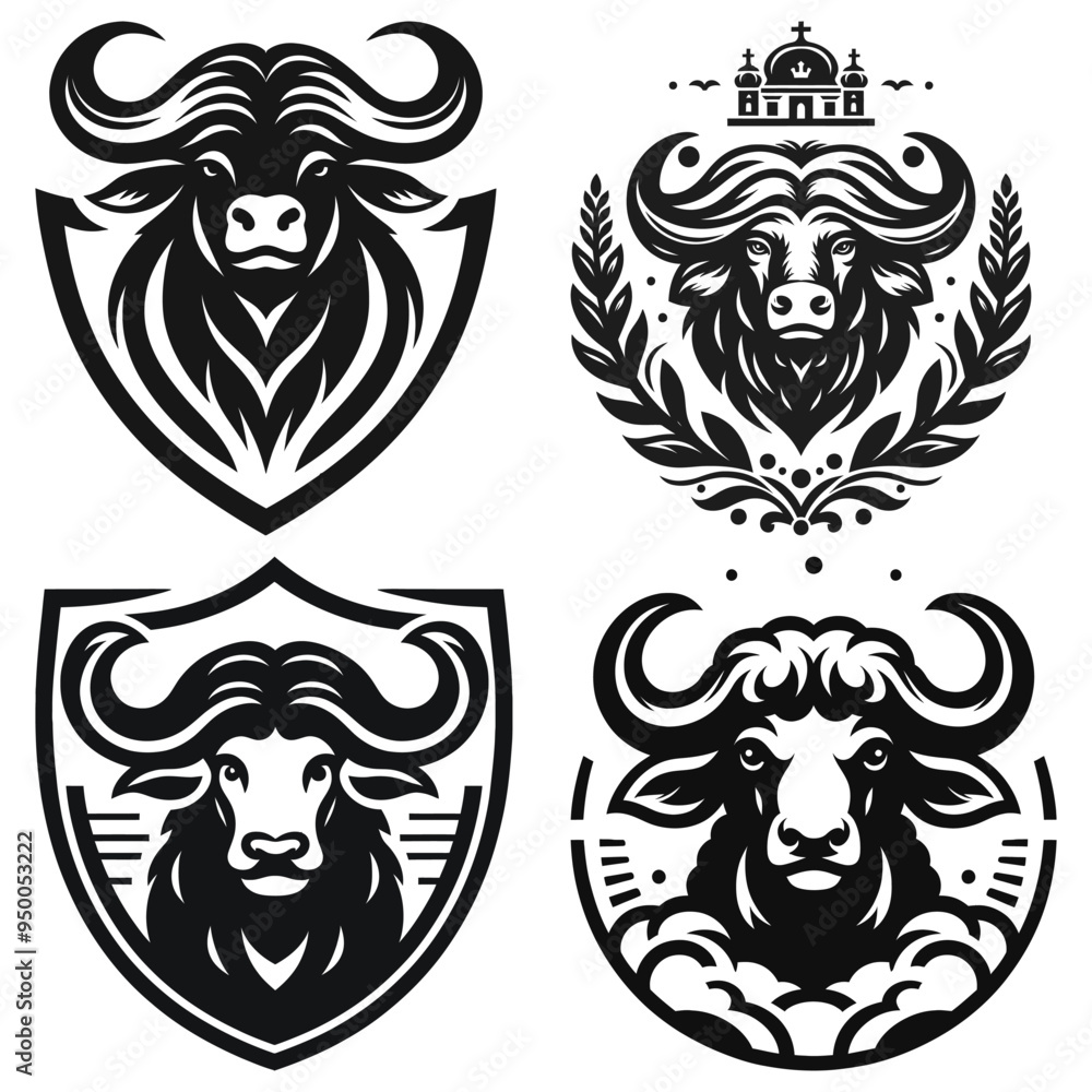 Buffalo head shield logos, black and white vector illustrations, branding and identity design Buffalo head shield logos, black and white vector illustrations, branding and identity design