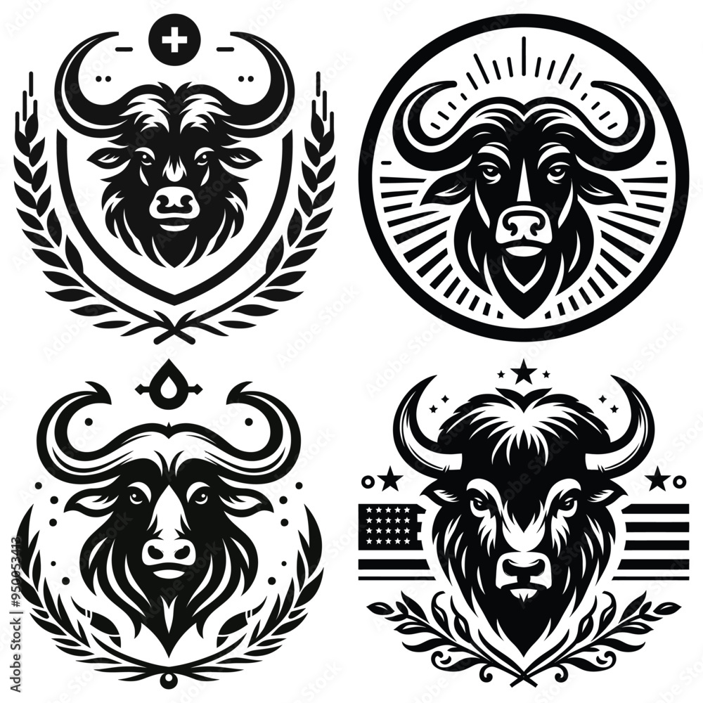 Fototapeta premium Black and white bull emblems vector set, intricate designs, ideal for branding or tattoos