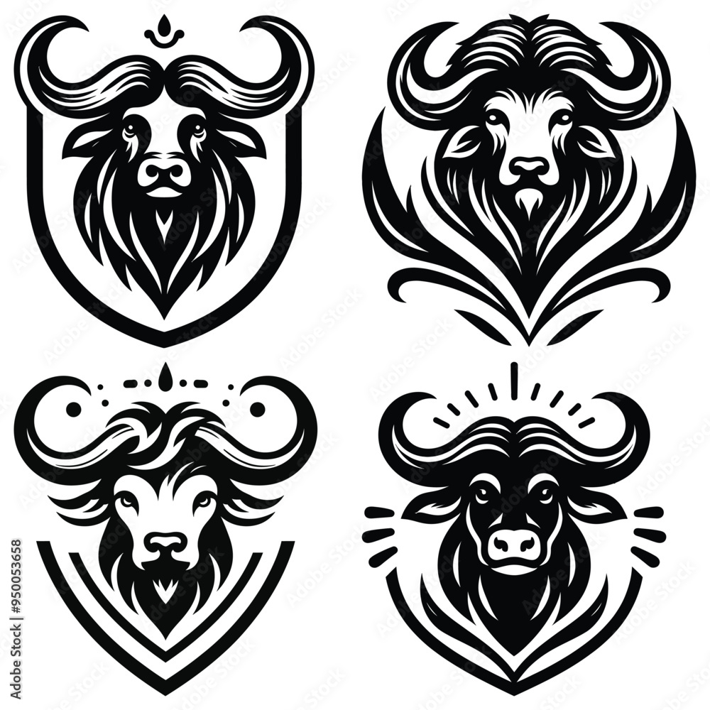 Buffalo head vector illustrations, black and white, ideal for logos and branding, isolated set Buffalo head vector illustrations, black and white, ideal for logos and branding, isolated set