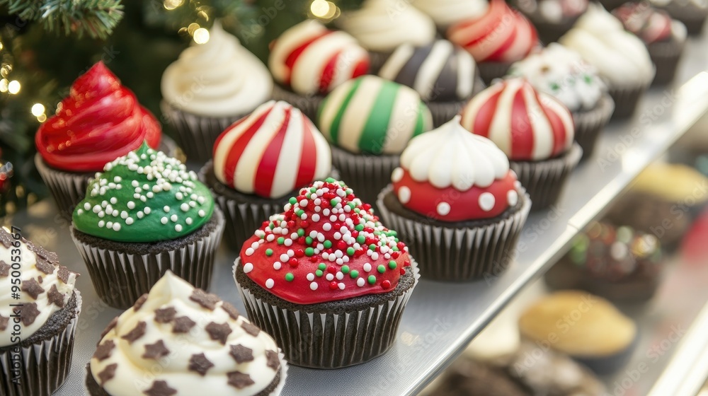 A display of cupcakes decorated for a holiday, featuring festive colors and designs. A display of cupcakes decorated for a holiday, featuring festive colors and designs.