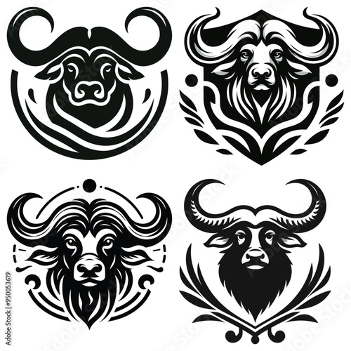 Stylized buffalo head emblems vector illustration black and white, perfect for branding and design