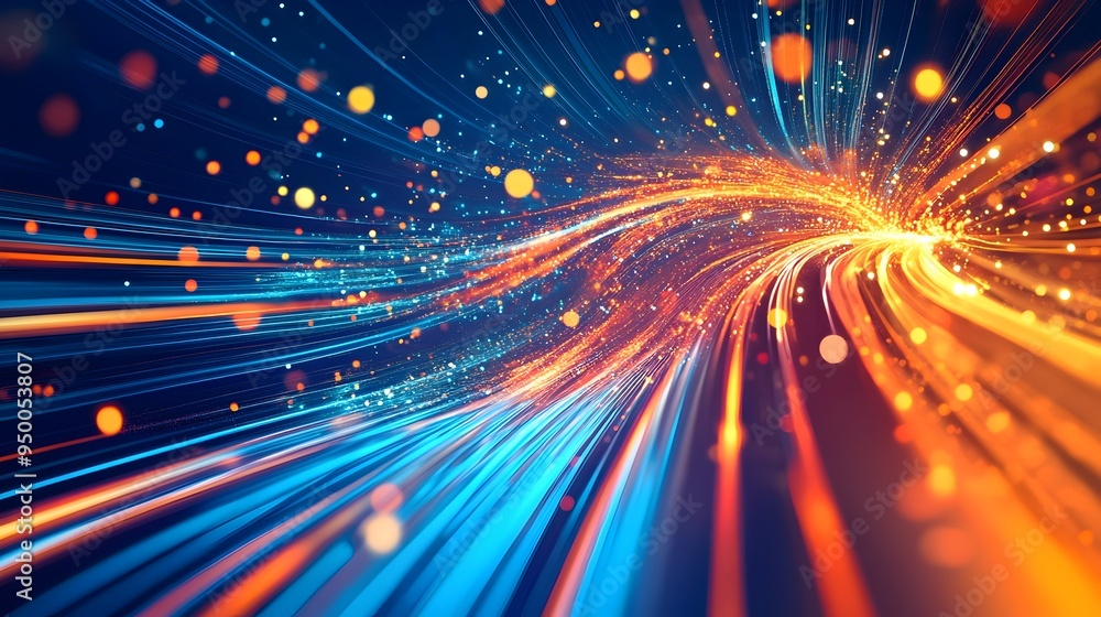 Detailed infographic depicting the flow of data through fiber optic cables for high speed digital communication and internet connectivity Detailed infographic depicting the flow of data through fiber optic cables for high speed digital communication and internet connectivity