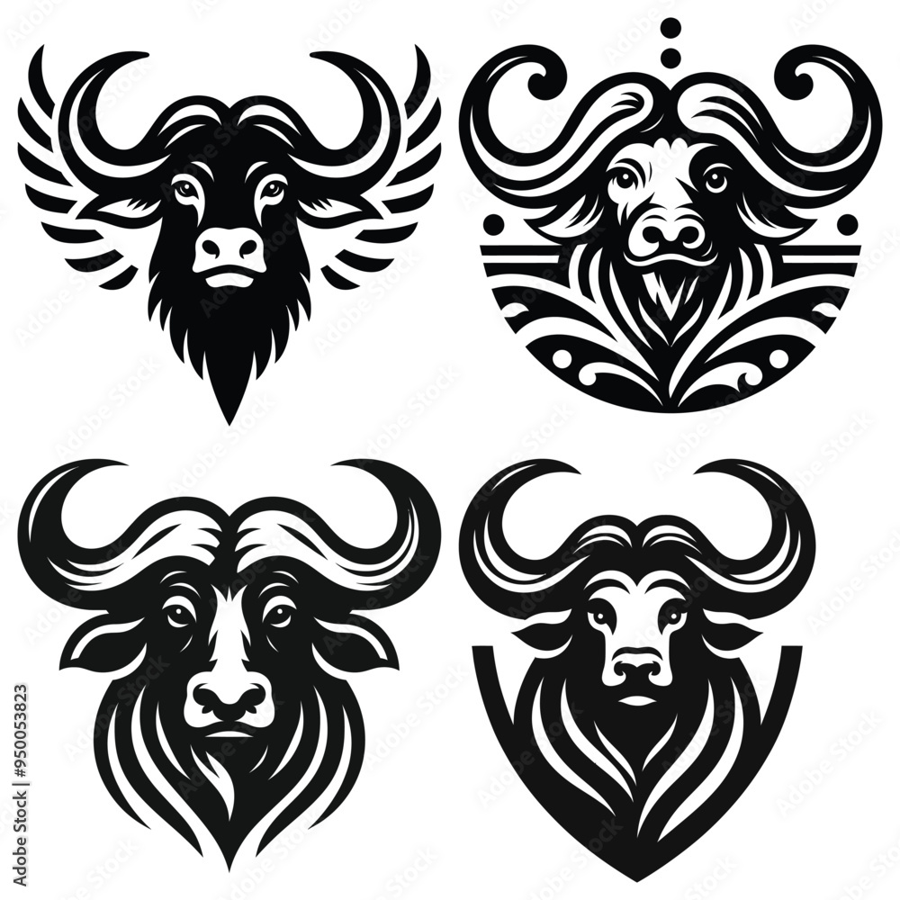 Fototapeta premium Stylized buffalo head icons, black and white, vector illustration, symbols for branding and decor