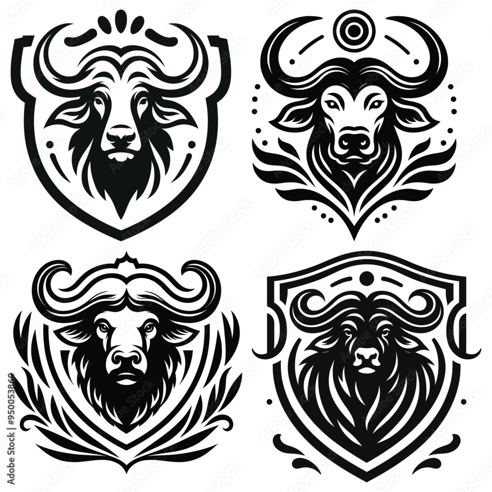 Abstract buffalo head crests, black and white, vector illustration, perfect for logos and emblems Abstract buffalo head crests, black and white, vector illustration, perfect for logos and emblems