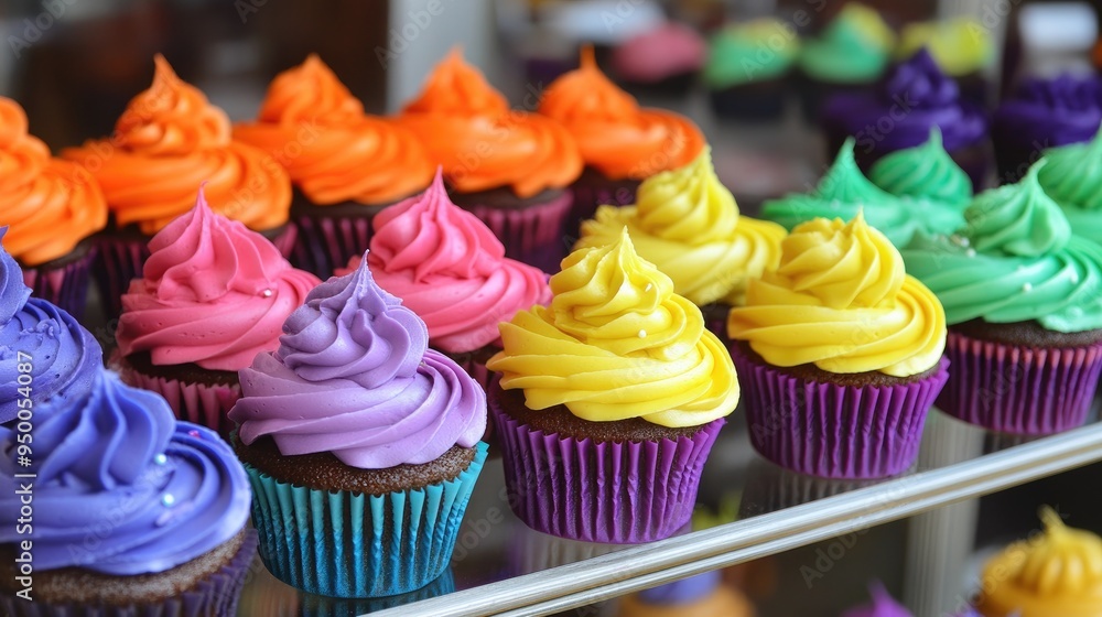 A display of cupcakes decorated with bright, vibrant colors, perfect for a summer party. A display of cupcakes decorated with bright, vibrant colors, perfect for a summer party.
