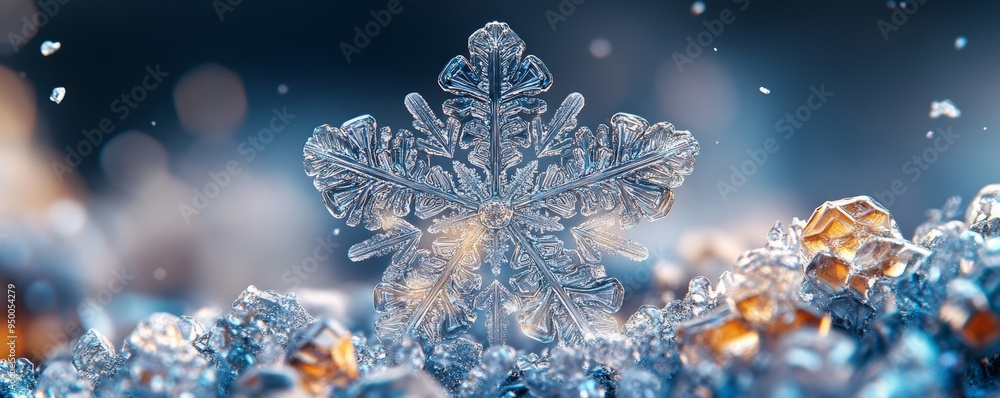 A beautiful snowflake resting on a bed of shimmering ice crystals, capturing the essence of winter's delicate beauty.