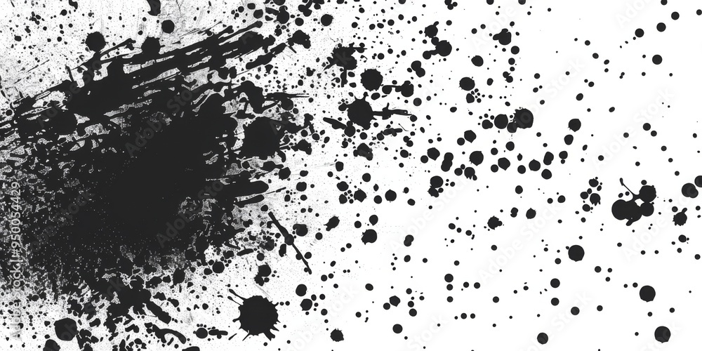 Obraz premium A black and white photo of a splatter of paint on a white background. The splatter is large and covers a significant portion of the image. Scene is chaotic and messy