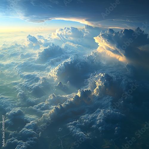 Aerial view of the troposphere with massive nimbus clouds spreading across a vast landscape, creating a sense of awe, Nimbus Vast Troposphere, Majestic atmospheric layers photo