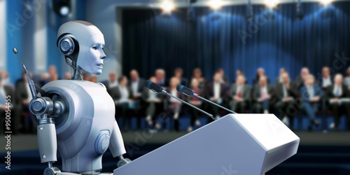 A robot is standing in front of a podium with a microphone. The robot is surrounded by a crowd of people, some of whom are sitting in chairs. Concept of technology and innovation photo