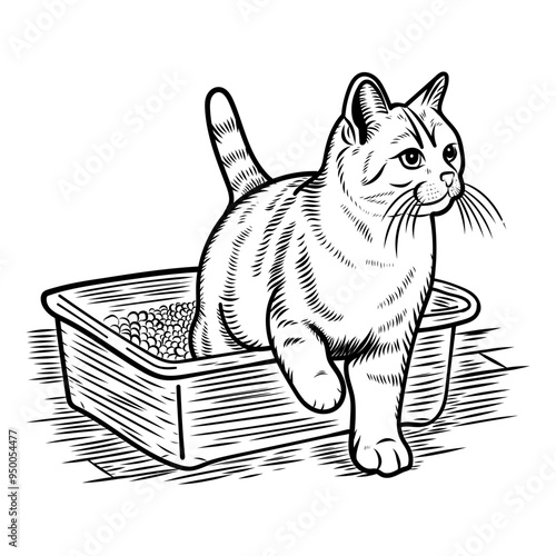 Vector illustration of a cat going to its litter box in line art style