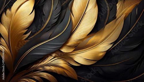 Soft and fluffy background with black and gold feathers as a beautiful abstract wallpaper title. Generative AI