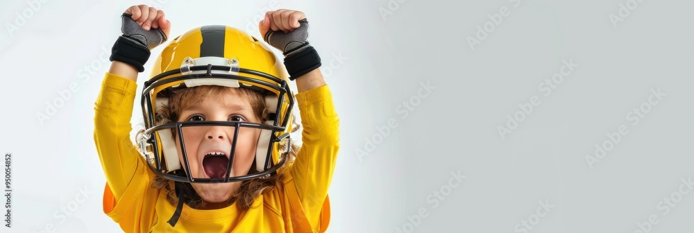 Young child celebrates victory wearing oversized American football helmet and yellow jersey on gray background. Fists raised high in excitement, bright smile conveys joy and triumph. Young child celebrates victory wearing oversized American football helmet and yellow jersey on gray background. Fists raised high in excitement, bright smile conveys joy and triumph.