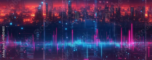 Futuristic cityscape with holographic charts displaying economic policy metrics, concept of modern urban economic planning