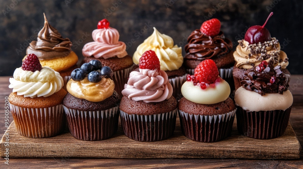 A display of cupcakes with various gourmet toppings, arranged on a rustic wooden table. A display of cupcakes with various gourmet toppings, arranged on a rustic wooden table.