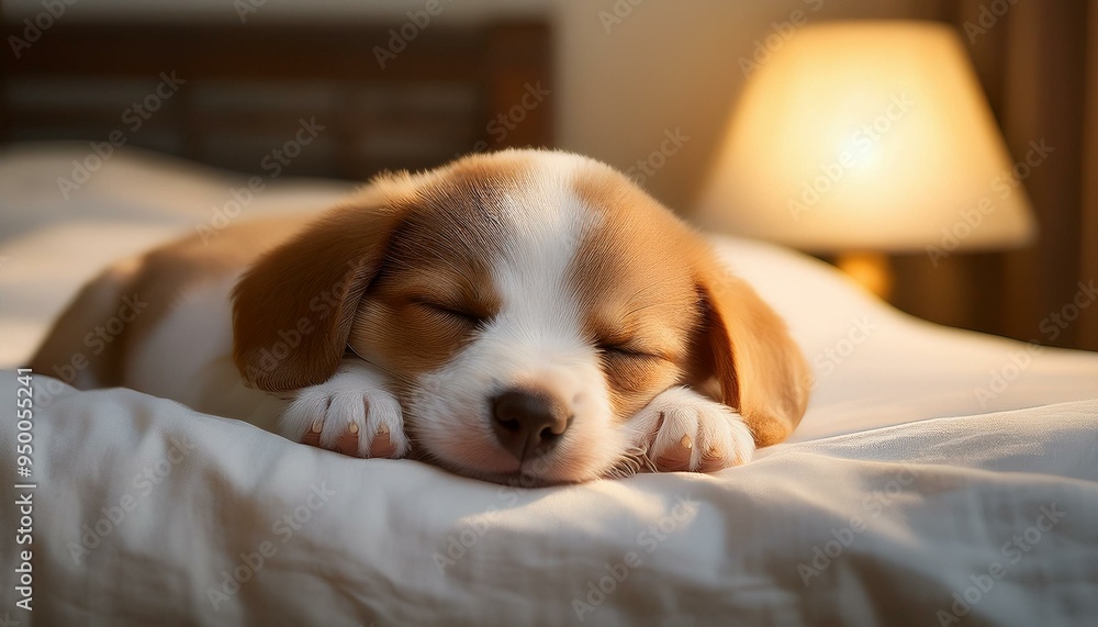 Obraz premium Sweet Dreams A brown and white puppy sleeps peacefully on a white bed, the soft light from a bedside lamp casting a warm glow. The image evokes feelings of comfort, innocence, and pure bliss.