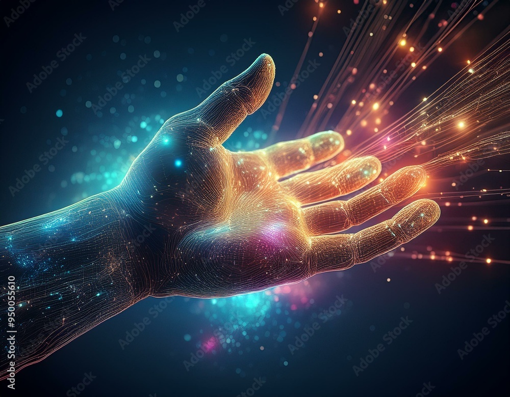 Technology has advanced rapidly, as symbolized by the hand reaching out with glowing particles Technology has advanced rapidly, as symbolized by the hand reaching out with glowing particles