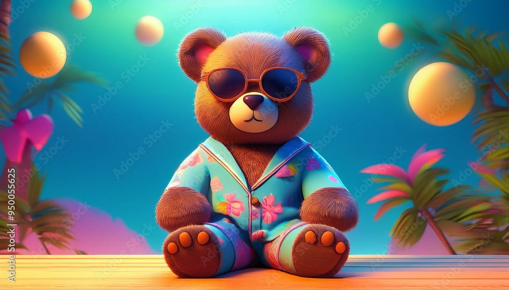 Obraz premium Teddy bear sitting in pajamas and sunglasses. 3D illustration