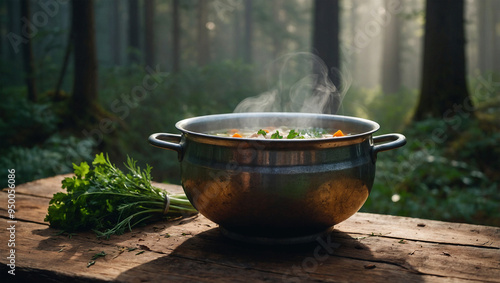 Steaming bowl of chicken soup with herbs, placed on a wooden table in a dense, misty forest setting.