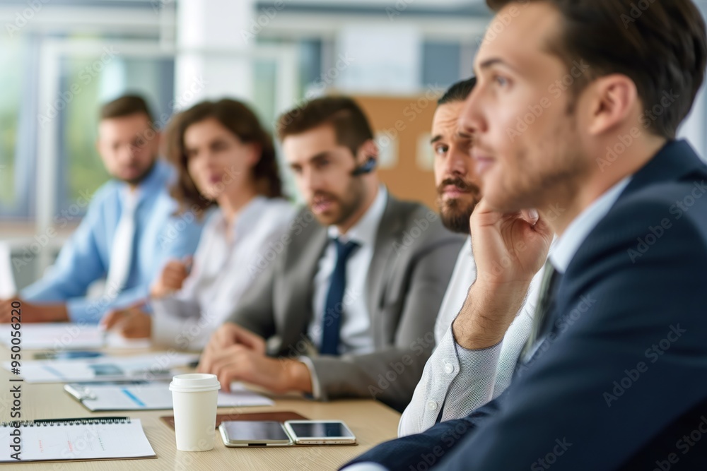 Business team gathered around conference table. Boss speaks to group of coworkers, employees listen intently. Man and woman professionals engaged in meeting discussion, corporate office environment. Business team gathered around conference table. Boss speaks to group of coworkers, employees listen intently. Man and woman professionals engaged in meeting discussion, corporate office environment.