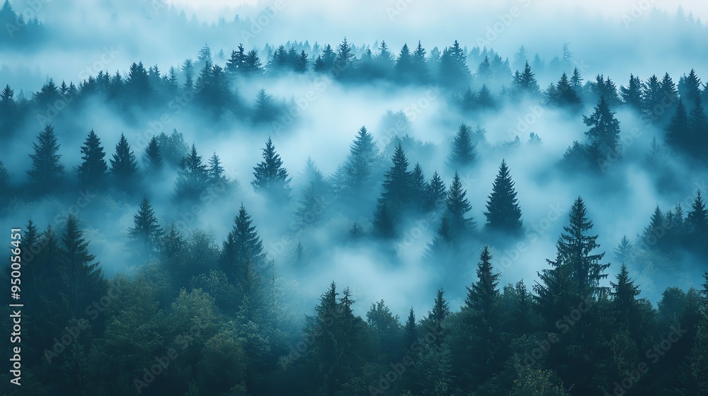 Distant layered forest covered in a blanket of fluffy fog, with treetops peeking through the mist, Fluffy Distant Layers, Mysterious nature Distant layered forest covered in a blanket of fluffy fog, with treetops peeking through the mist, Fluffy Distant Layers, Mysterious nature