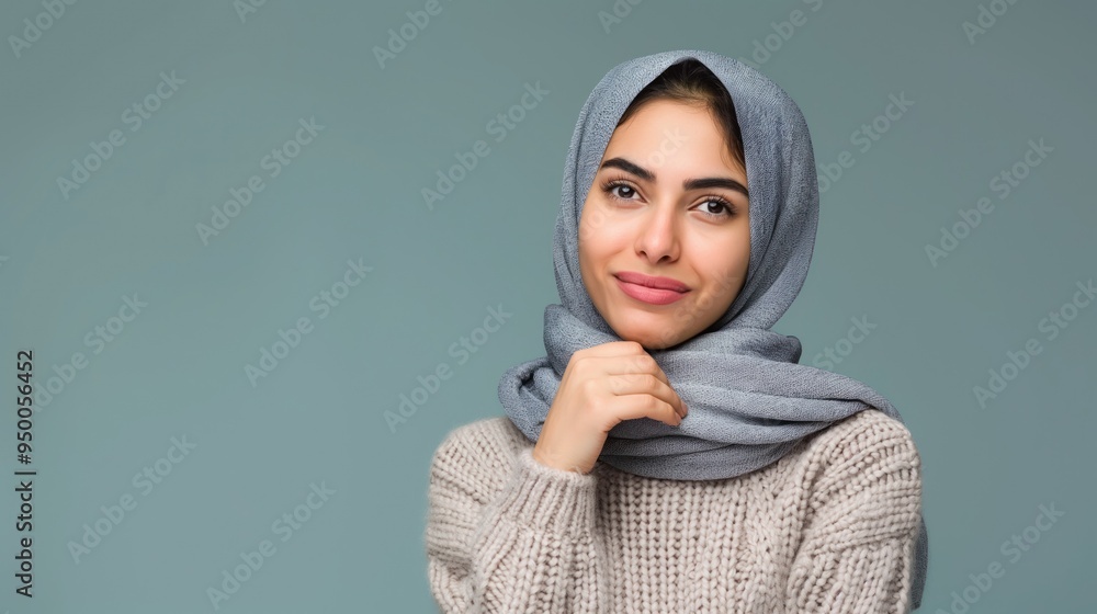 Young arab woman wearing winter sweater on isolated background with hand on chin. Pensive expression on her face, thinking about question. Smiling with thoughtful face, happy and joyful expression. Young arab woman wearing winter sweater on isolated background with hand on chin. Pensive expression on her face, thinking about question. Smiling with thoughtful face, happy and joyful expression.