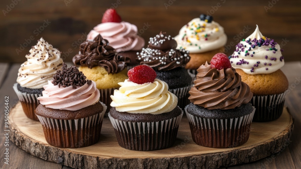 A display of cupcakes with various gourmet toppings, arranged on a rustic wooden table. A display of cupcakes with various gourmet toppings, arranged on a rustic wooden table.