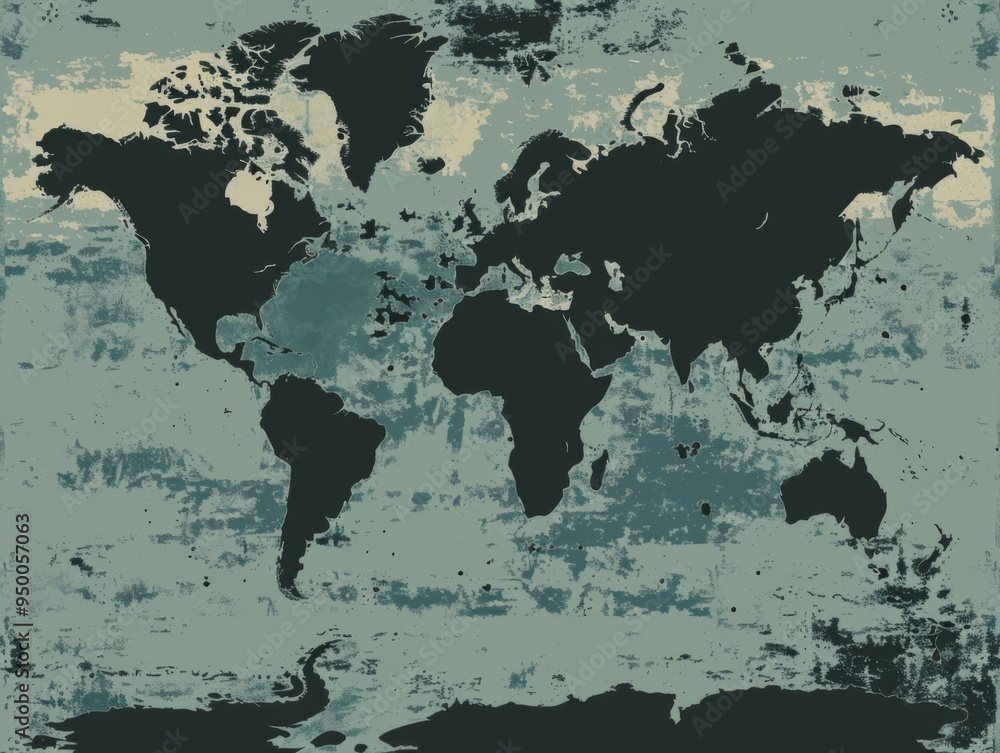 Obraz premium A black and white world map with a blue ocean. The map is very detailed and shows the continents and oceans